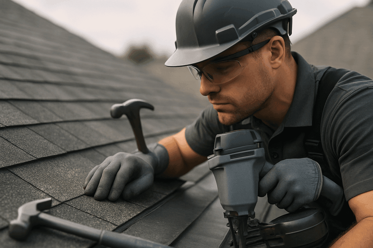 Close-up of gloved hands aligning asphalt shingles on a residential roof with safety gear
